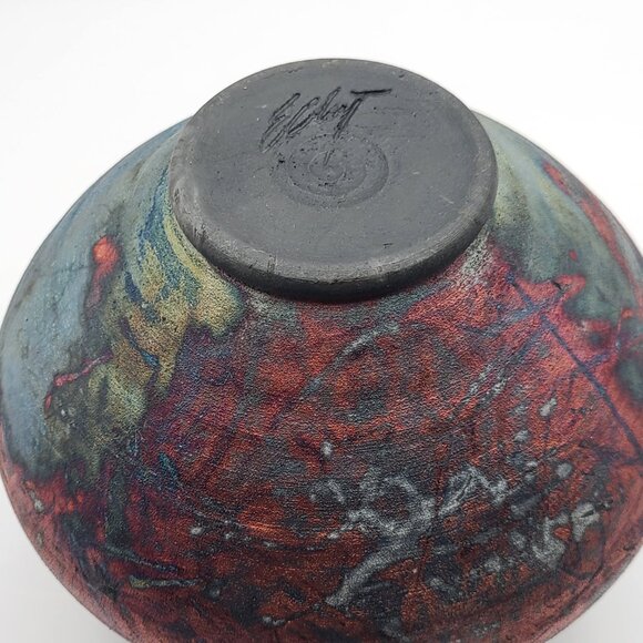 Robert Ellert Signed Raku Pottery Vase Iridescent Red Green Blue Black 6.5" H - Picture 6 of 10